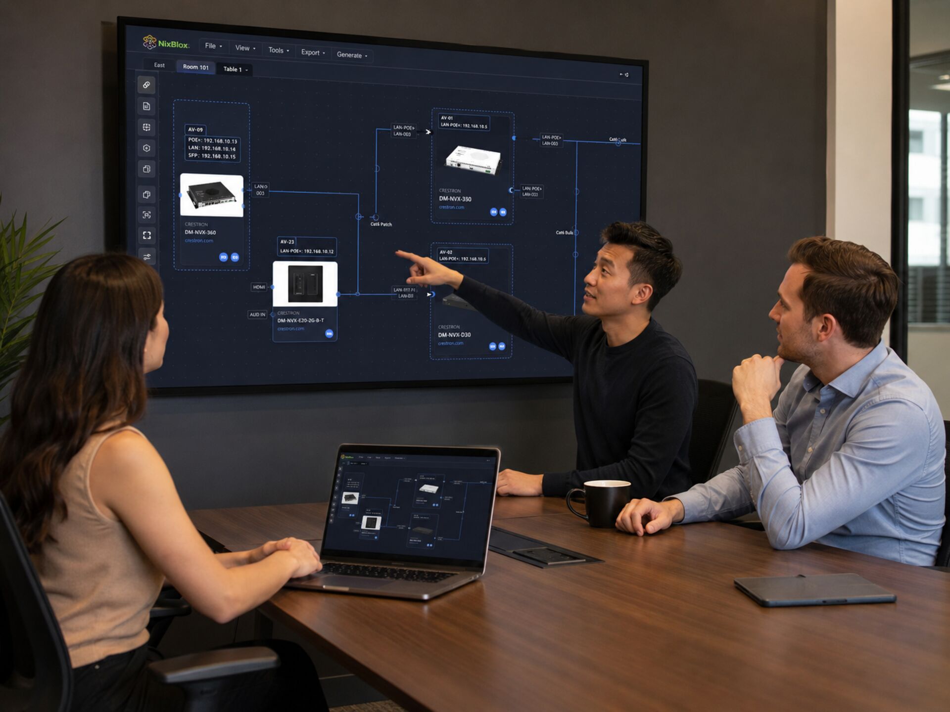 Team in a conference room reviewing a NixBlox system design on a wall display
