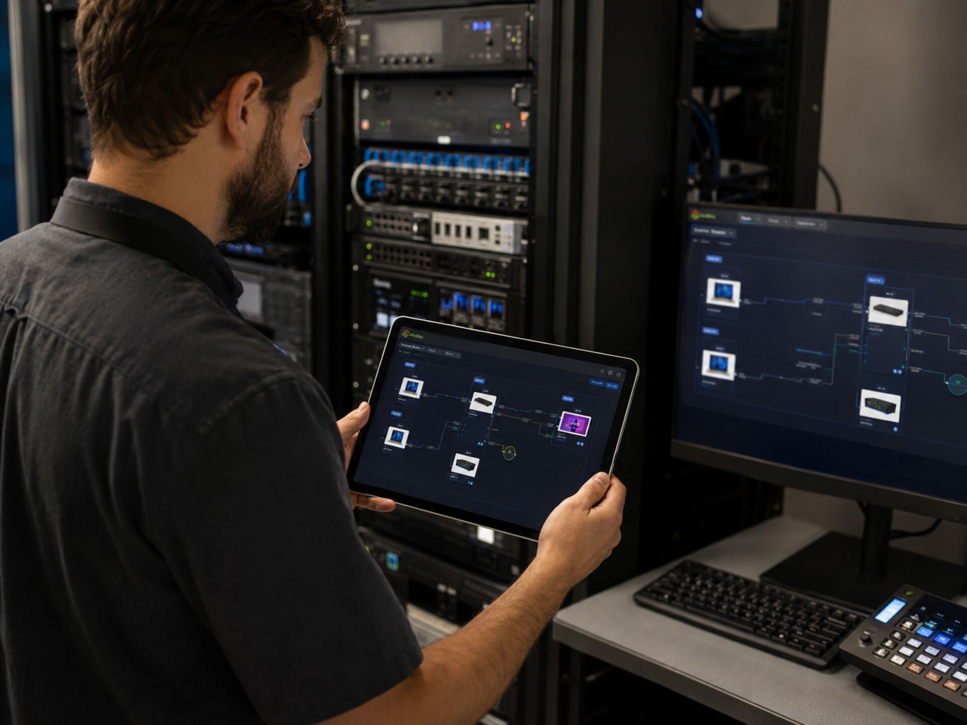 Technician at an equipment rack holding a tablet showing the NixBlox drawing