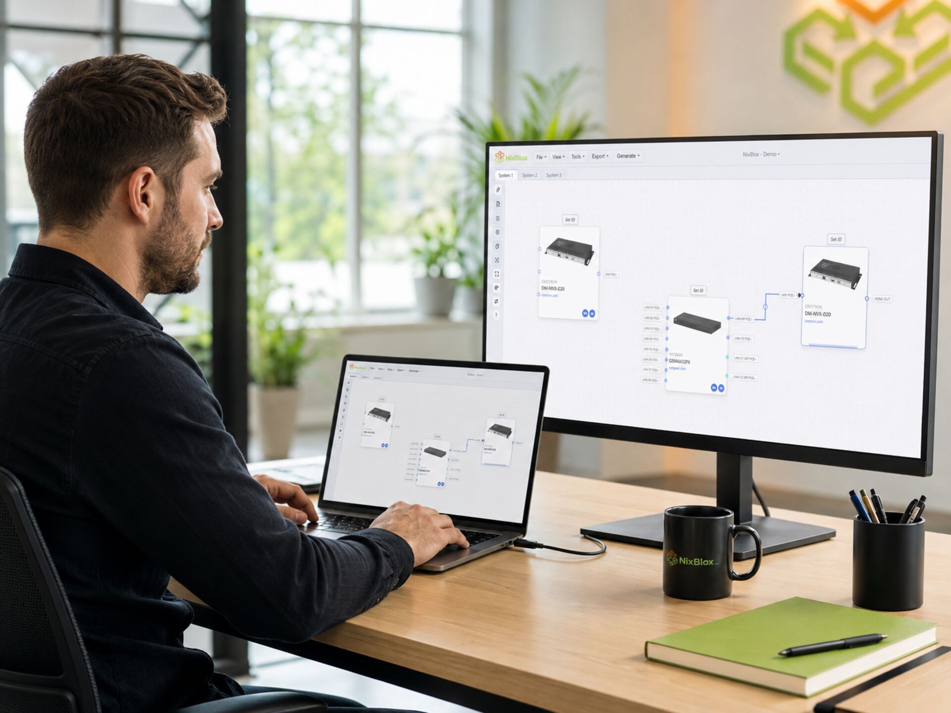 NixBlox Designer in light theme on a dual-monitor workstation