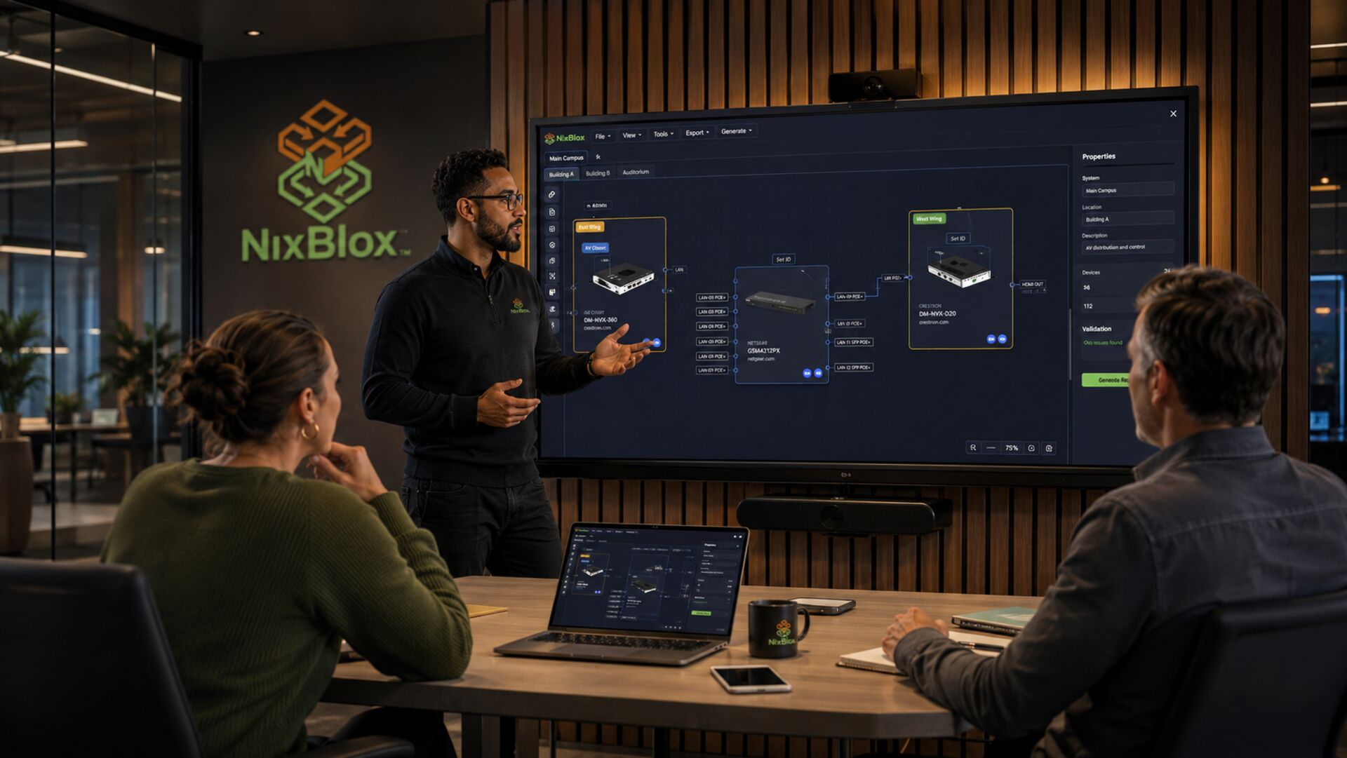 Presenter walking a client through a campus-wide NixBlox design